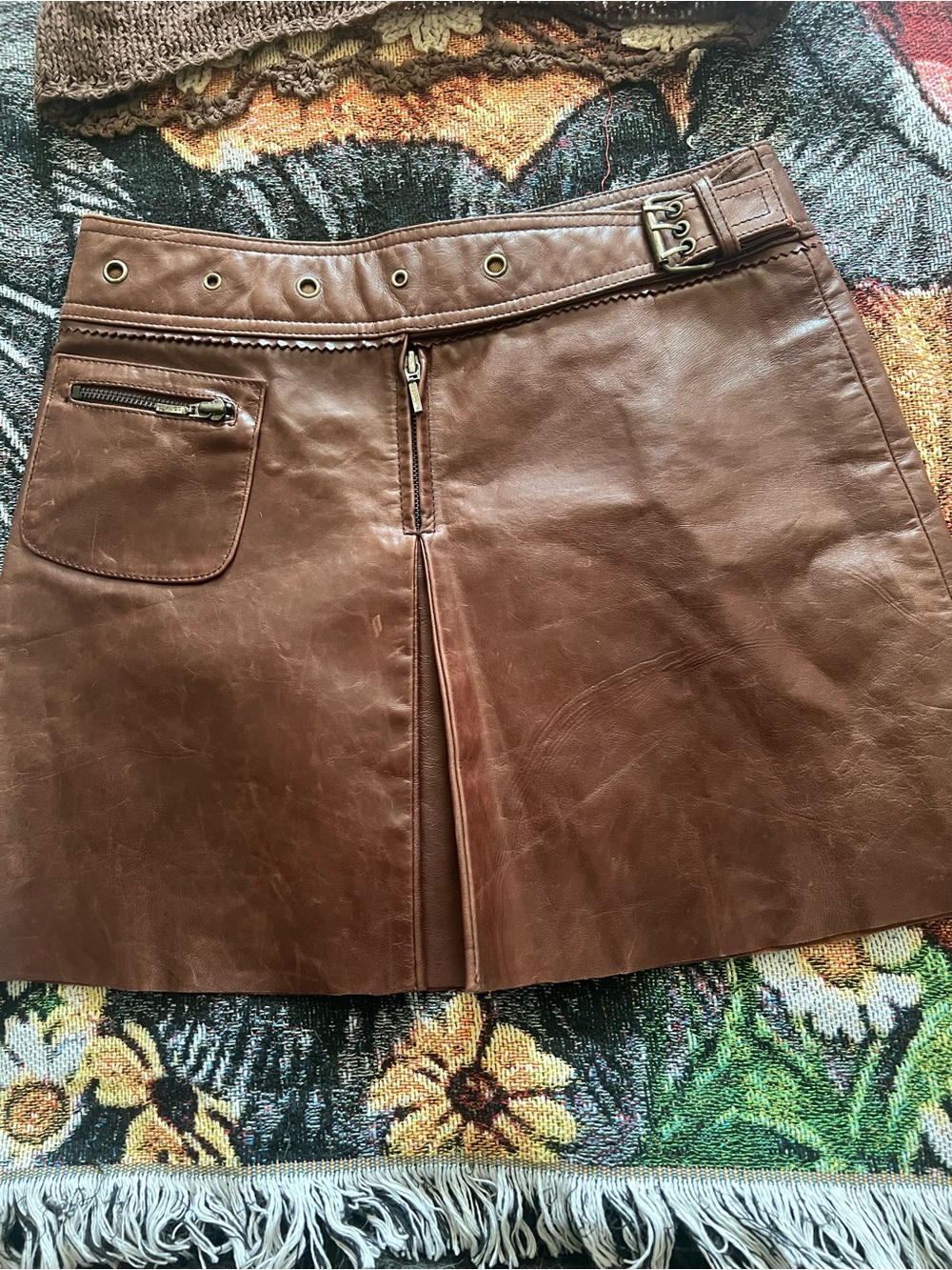 Sharagano Brown Leather Mini Skirt with Belt and Front Zip